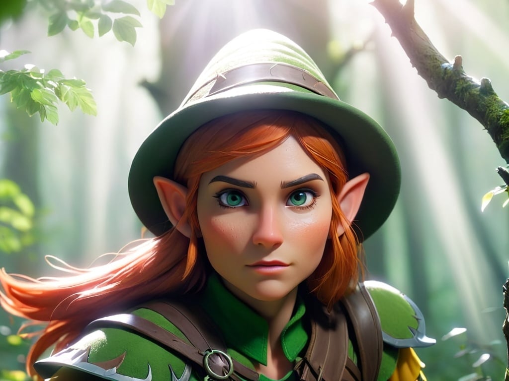 Prompt: Elf ranger in a mystical forest around sunlight