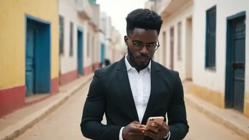 Prompt: handsome and stylish afro american business man in a fashionable black jacket and a white shirt with a collar holds a smartphone in hand background of Senegal