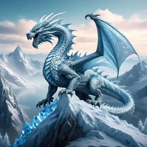 Prompt: Ice dragon on mountain peak, icy scales with shimmering reflections, fierce and majestic, snowy landscape with frosty trees, epic fantasy, highres, detailed 3D rendering, ice-blue tones, dramatic lighting