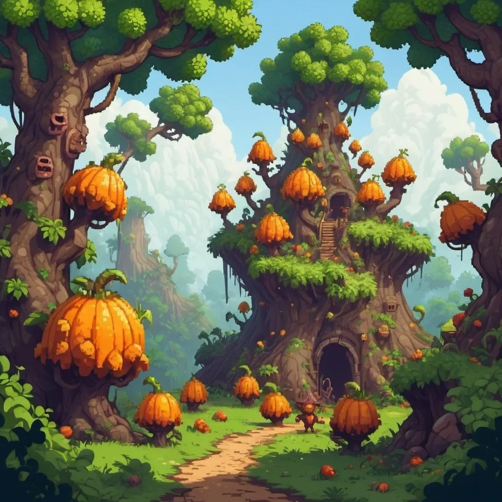 Prompt: Uma floresta mágica habitada por criaturas místicas e perigosas.
Obstáculos: Árvores vivas, poços de lama.
Inimigos: Goblins, aranhas gigantes. 2D com gráficos estilo pixel art.