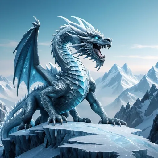 Prompt: Ice dragon on a mountain peak, icy scales with shimmering reflections, fierce and majestic, snowy landscape with frosty trees, epic fantasy, highres, detailed 3D rendering, ice-blue tones, dramatic lighting