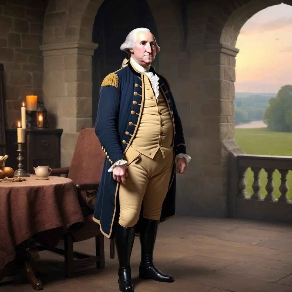 Prompt: A middle age looks like george washington man from the enlightment who is privlaged and is the main point of the picture with the background looking like something from the middle ages and him standing out in the image. make it look more ai created and less realistic who is a little fat
