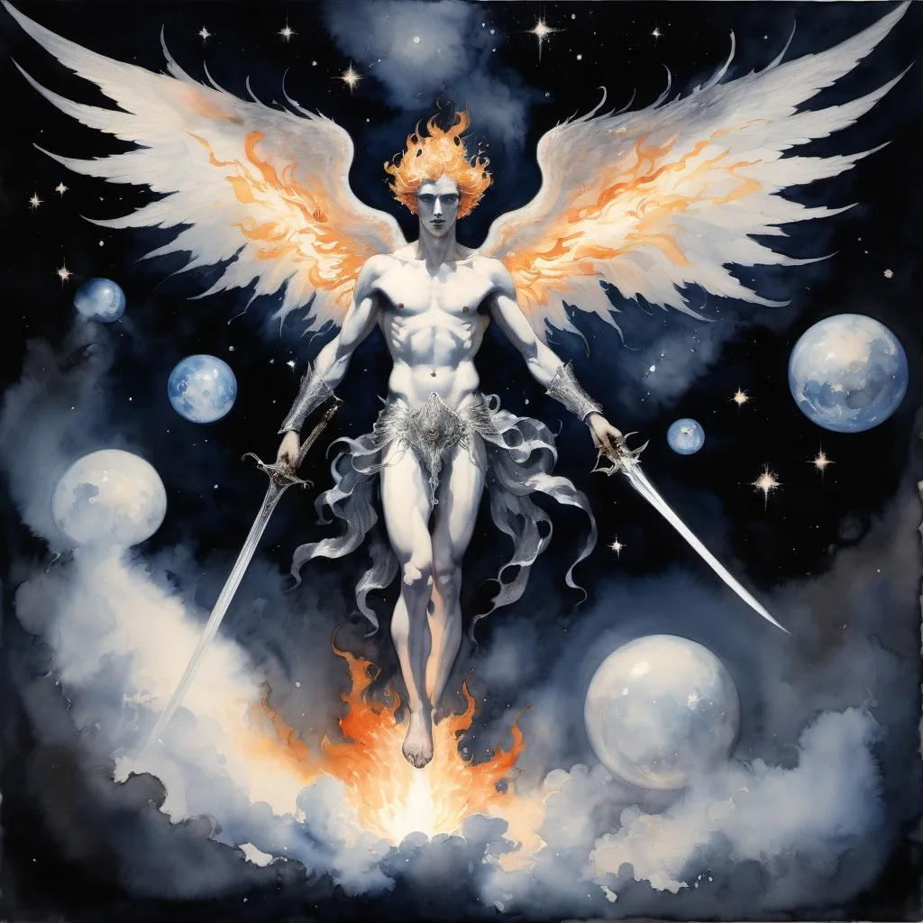 Prompt: watercolor painting by Norman Lindsay, a flying young man with a flaming sword and mechanical smooth wings flying between stars in the endless darkness of space, marble and ebony and silver, halo of silver fire, enormous, flying in space, contrasting deep shadows, stars and galaxies, dark, (high quality artwork, and elder god too big to see its entire body, tendrils of fire and disembodied eyeballs)
