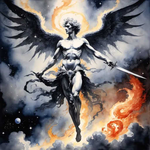 Prompt: watercolor painting by Norman Lindsay, a flying young man with a flaming sword and mechanical smooth wings flying between stars in the endless darkness of space, marble and ebony and silver, halo of silver fire, enormous, flying in space, contrasting deep shadows, stars and galaxies, dark, (high quality artwork, and elder god too big to see its entire body, tendrils of fire and disembodied eyeballs)
