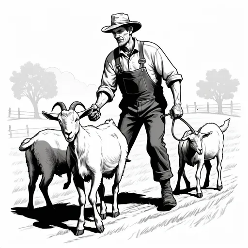 Prompt: Create an illustration of a farmer herding a single goat, with a plain white background. The drawing should be in black-and-white and done in a classic comic art style, featuring strong lines and detailed shading. Emphasize the dynamic interaction between the farmer and the goat, capturing their movements and expressions.


