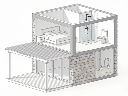 Prompt: Ich möchte ein Visuelles Bild für ein Tiny House welches in Combuco, Brasilen gebaut werden soll. Für eine Camping Anlage. Es ein Mauerwerk sein. Ohne Küche. Einfach zum Vermieten an Touristen. Im minimalistischen Style. Mit Veranda. Bitte Grundriss zeichnen. Dusche und WC soll vorhanden sein.
