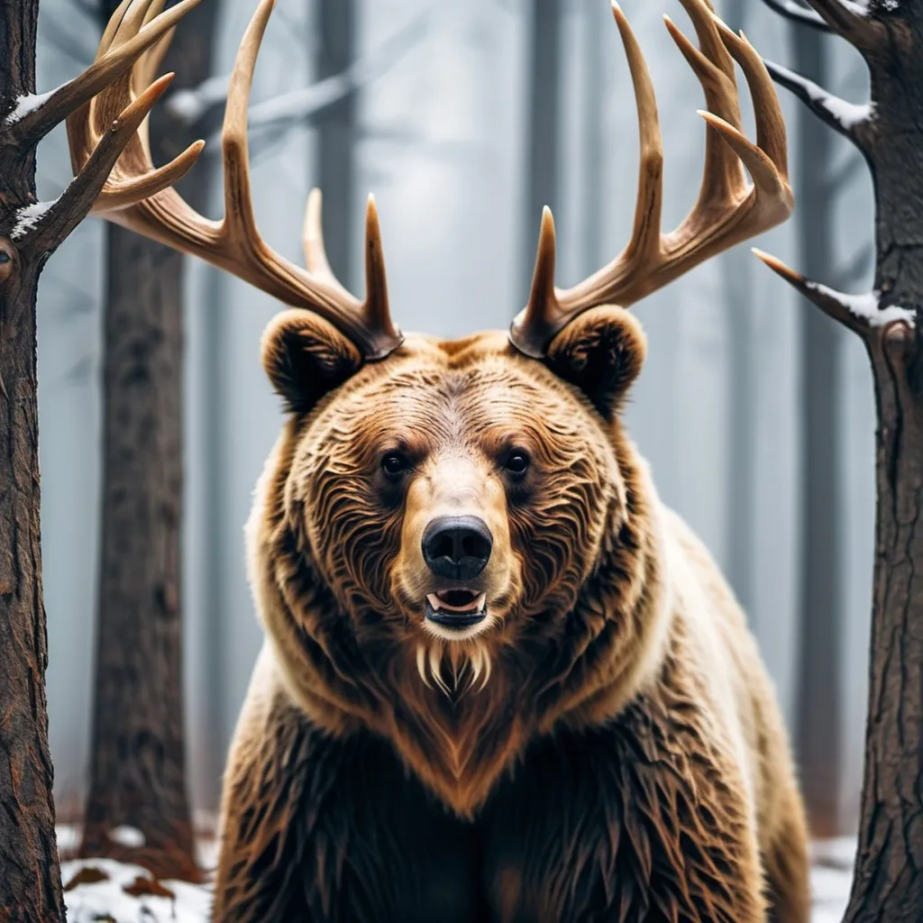 Prompt: Bear with deer antlers