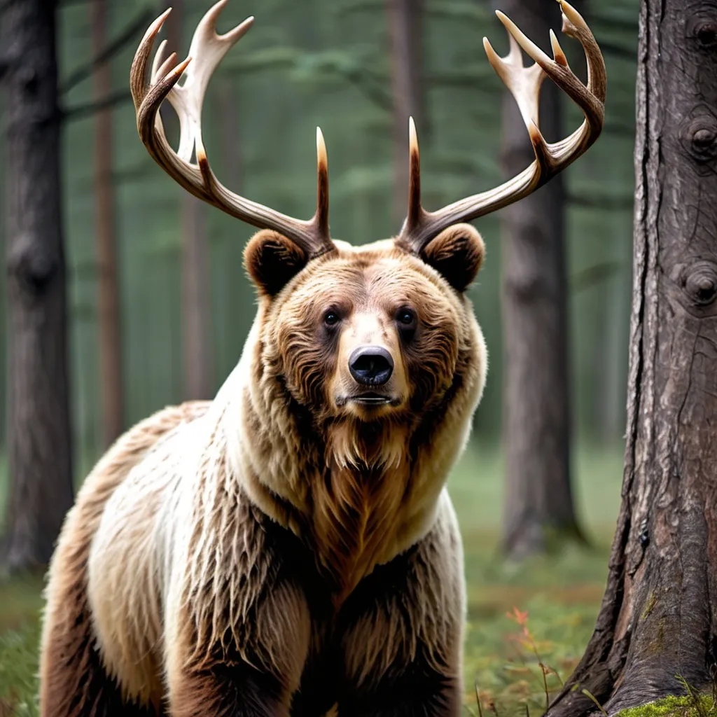 Prompt: Bear with deer antlers