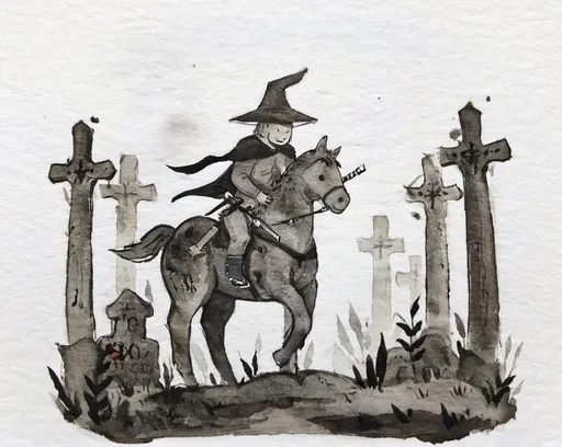 Prompt: create a dark horsemen on a cemetery swamp, holding a long sword, framing is from his waist up, angle bottom to up