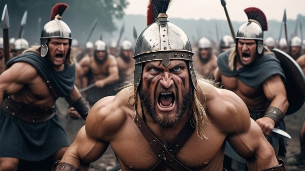 Prompt: germanic barbarians with highly realistic and well-defined faces attacking the roman empire, in 4k HD quality