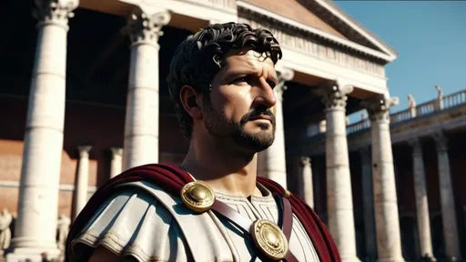 Prompt: Roman emperor hadrian standing proudly with roman buildings behind him. Faces look extremely realistic and in 4k HD quality