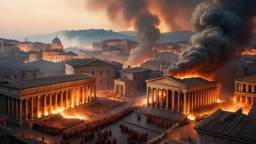 Prompt: An ancient roman city burning whole while being attacked by barbarians, sparks of fire are falling from the sky, and there's a foggy background full of smoke at night