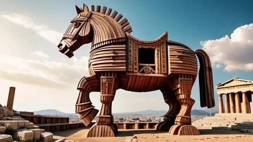 Prompt: An epic image of the giant trojan horse, made with pieces of wooden ships, with an ancient greek city landscape, in 4k HD quality