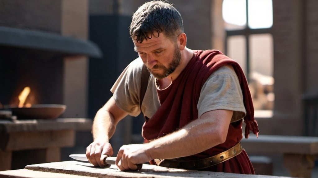 Prompt: a roman smith working on a sword, in 4k HD quality