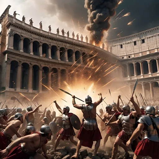 Prompt: ancient rome being attacked and sacked by barbarians, sparks falling from the sky