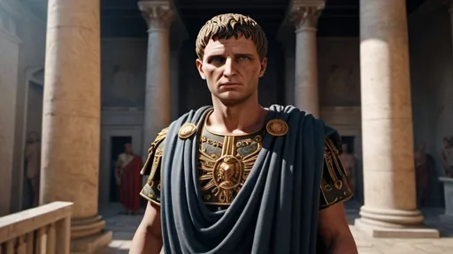 Prompt: A realistic-looking Roman emperor Augustus standing proudly inside a roman building, very realistic and well-defined face, sharp eyes, in very realistic 4k HD quality