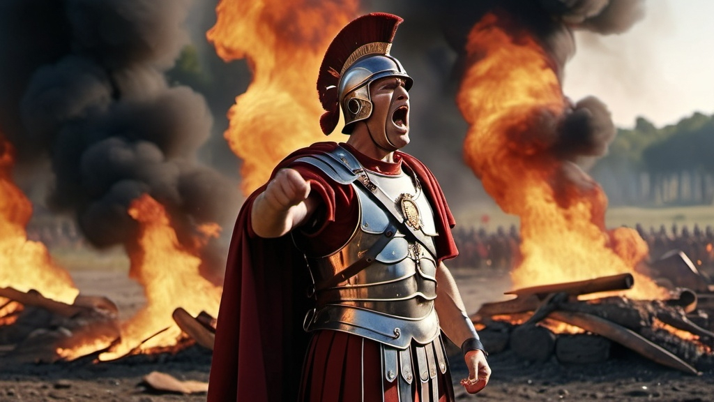 Prompt: A general of the roman empire shouting orders in the middle of a burning battleground, in very realistic 4k HD quality