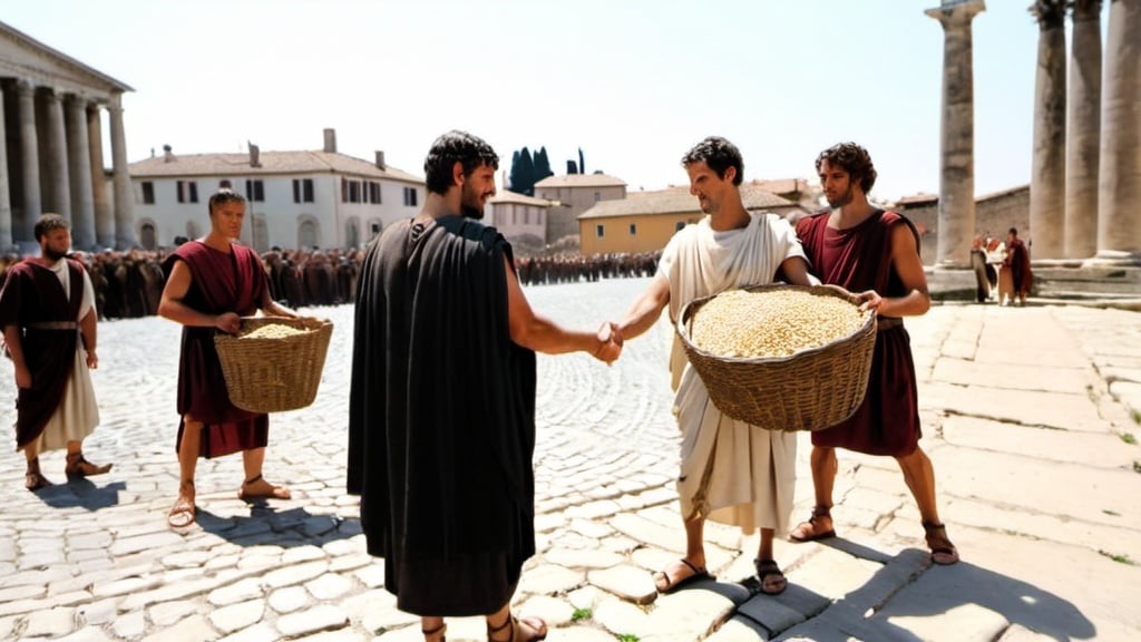 Prompt: grain being distributed to a citizen of the roman empire