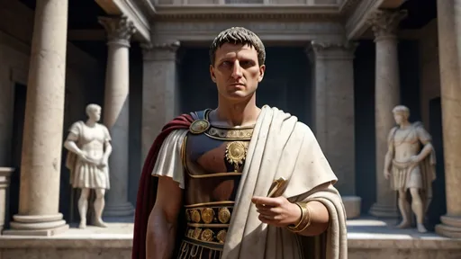 Prompt: A realistic-looking Roman emperor Augustus standing proudly inside a roman building, in very realistic 4k HD quality