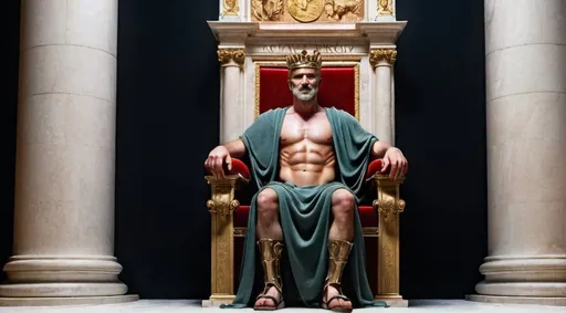 Prompt: king Lucius Tarquinius Superbus sitting on his roman throne