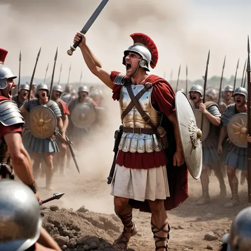 Prompt: roman soldier giving a war cry in the battlefield