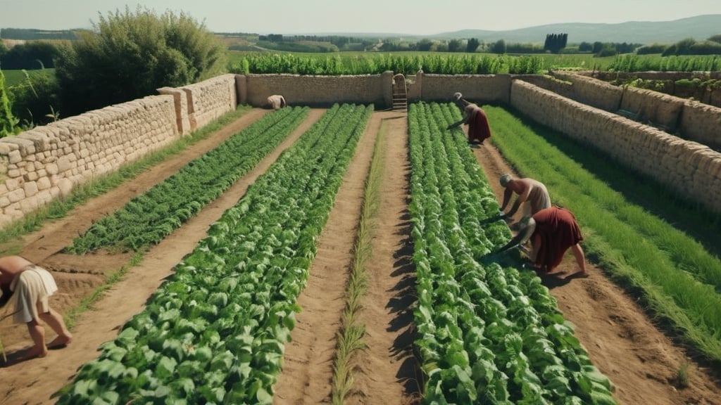 Prompt: multiple roman slaves tending to crops in a large roman agricultural estate, in 4k HD quality