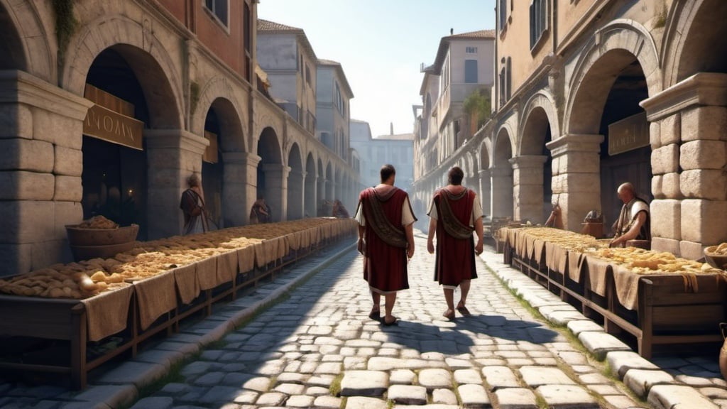 Prompt: merchants in an ancient roman road, in 4k HD quality