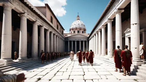 Prompt: Roman citizens in a white ancient roman city, in 4k HD quality