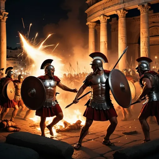 Prompt: roman soldiers fighting barbarians at night inside ancient rome, while sparks of fire fall from the sky