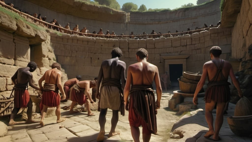 Prompt: ancient roman slave miners working, in 4k HD quality
