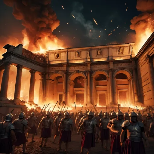 Prompt: ancient rome in flames at night while being attacked by barbarians, sparks falling from the sky