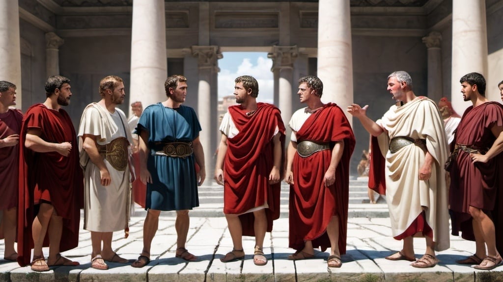 Prompt: politicians of the roman empire arguing intensely