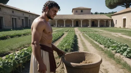 Prompt: a roman slave working in a large roman agricultural estate, in 4k HD quality