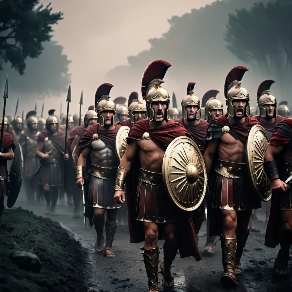 Prompt: Roman legions led by their commanders marching to war with a dark foggy background