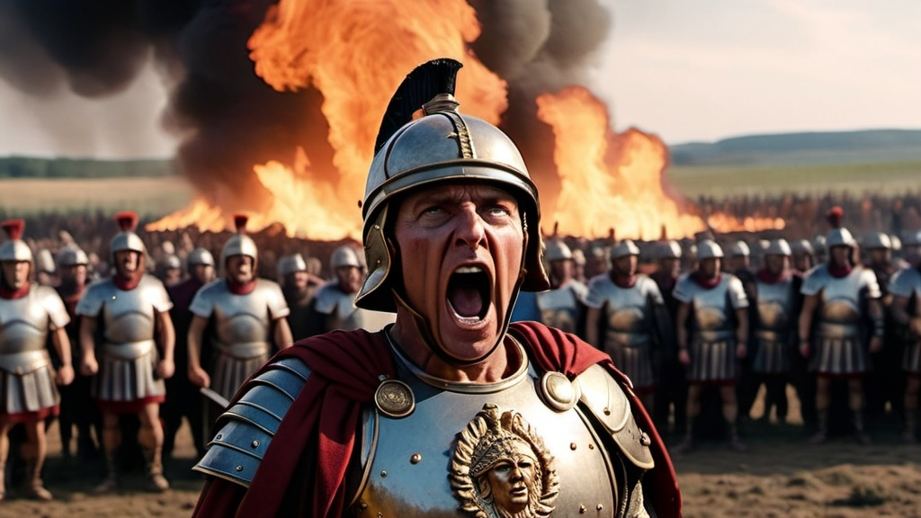 Prompt: A general of the roman empire shouting orders in the middle of a burning battleground, in 4k HD quality