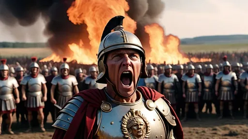 Prompt: A general of the roman empire shouting orders in the middle of a burning battleground, in 4k HD quality