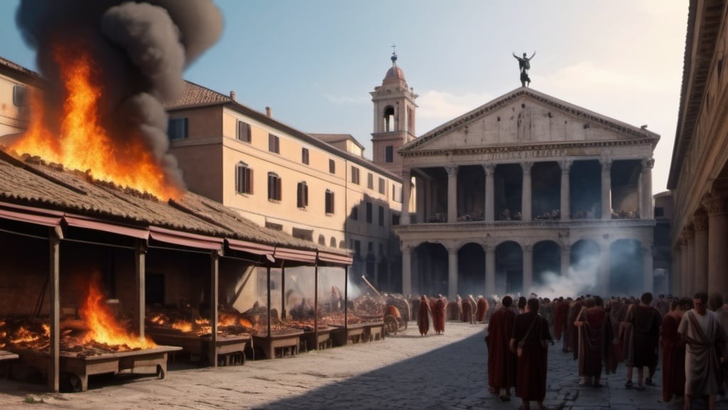 Prompt: An ancient roman market burning completely, in 4k HD quality