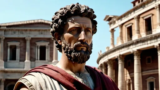 Prompt: Roman emperor marcus aurelius standing proudly with roman buildings behind him. Faces look extremely realistic and in 4k HD quality