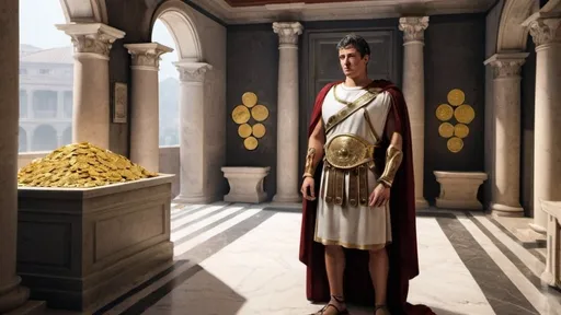 Prompt: a wealthy citizen of the roman empire inside his mansion, with lots of gold coins inside