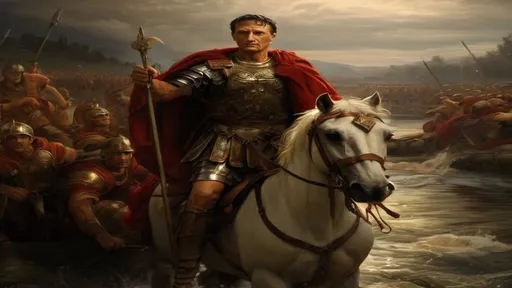 Prompt: julius caesar crossing the rubicon river with his roman army. Faces look extremely realistic and in 4k HD quality