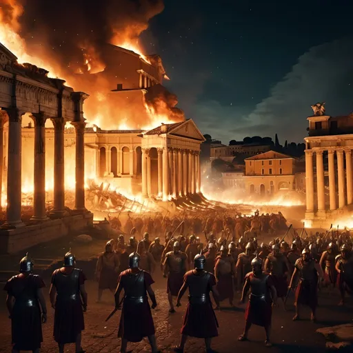 Prompt: ancient rome in flames at night while being attacked by barbarians, sparks falling from the sky