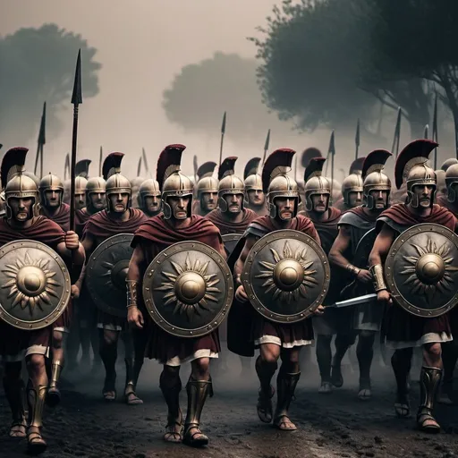Prompt: Roman legions led by their commanders marching to war with a dark foggy background