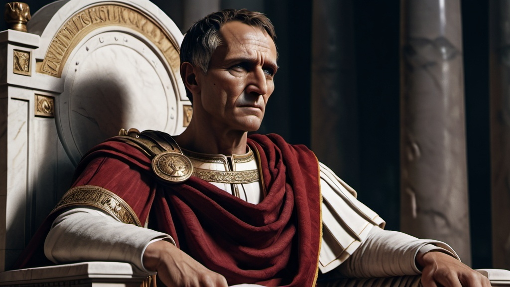 Prompt: Julius Caesar sitting majestically on his throne, in very realistic 4k HD quality