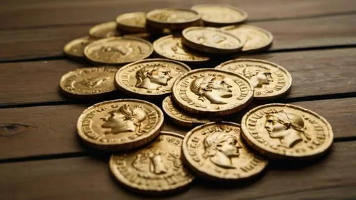 Prompt: a bunch of roman gold coins on a wooden table, in 4k HD quality