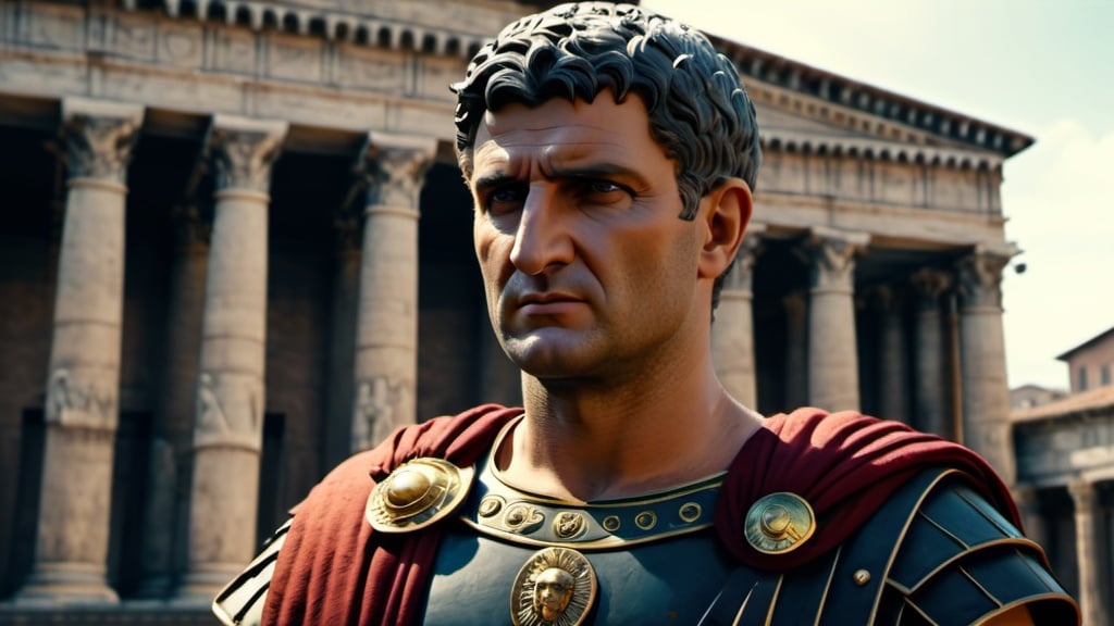 Roman emperor Nerva standing proudly with roman buil...