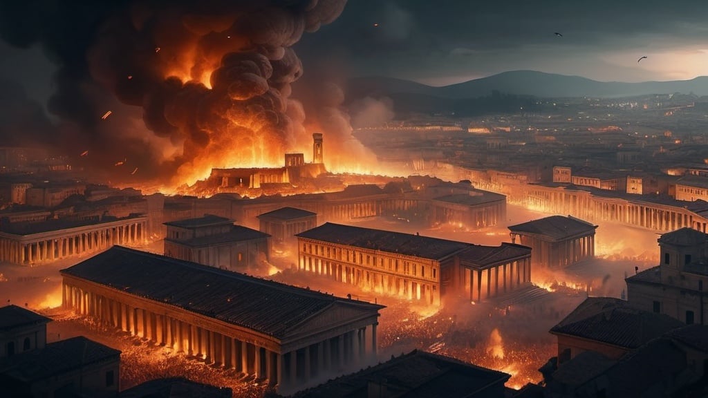 Prompt: An ancient roman city burning whole while being attacked by barbarians, sparks of fire are falling from the sky, and there's a foggy background full of smoke at night