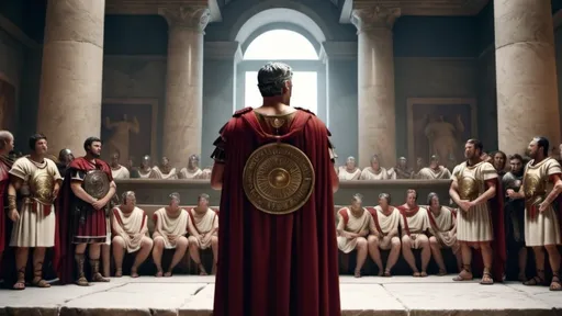 Prompt: A general of the roman empire giving a speech to a bunch of roman senators inside a roman building, in 4k HD quality