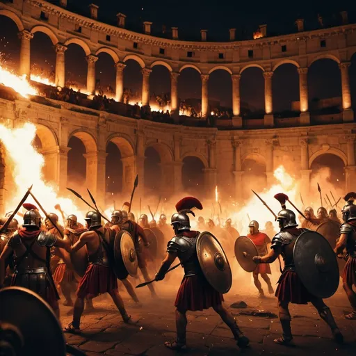 Prompt: roman soldiers fighting barbarians at night inside ancient rome, while sparks of fire fall from the sky
