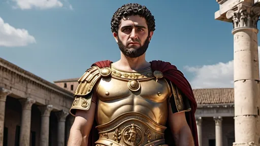 Prompt: Roman emperor Commodus standing proudly in a roman city landscape, in 4k HD quality