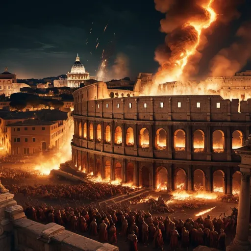 Prompt: ancient rome in flames at night while being attacked by barbarians, sparks falling from the sky